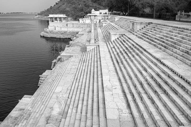 The embankment at Rajsamand Lake showing the 'nauchowki' – a series of nine flights of stairs leading down to the water